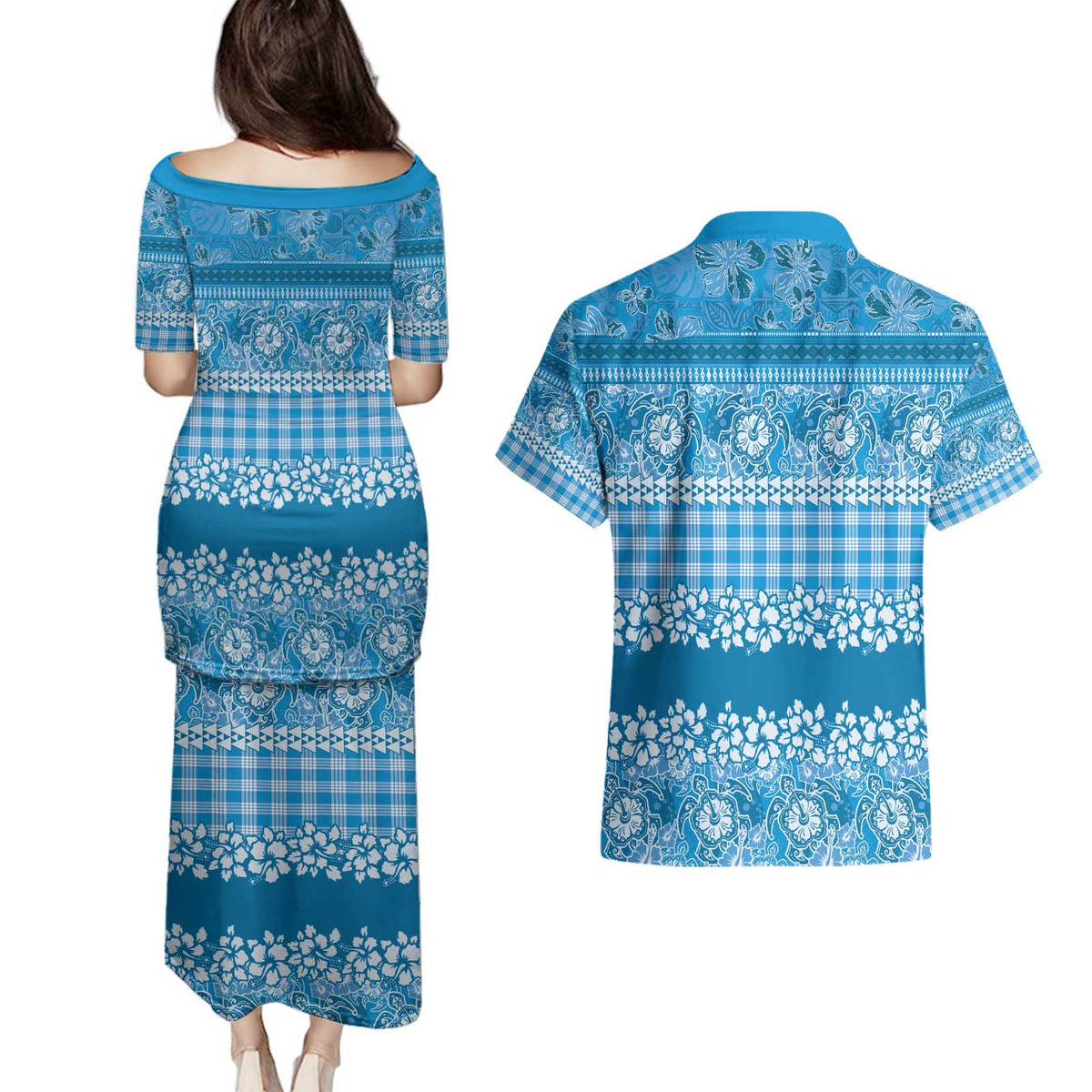 Hawaiian Hibiscus Honu Couples Matching Puletasi and Hawaiian Shirt Blue Mele Kalikimaka Palaka Spirit - Polynesian Pride