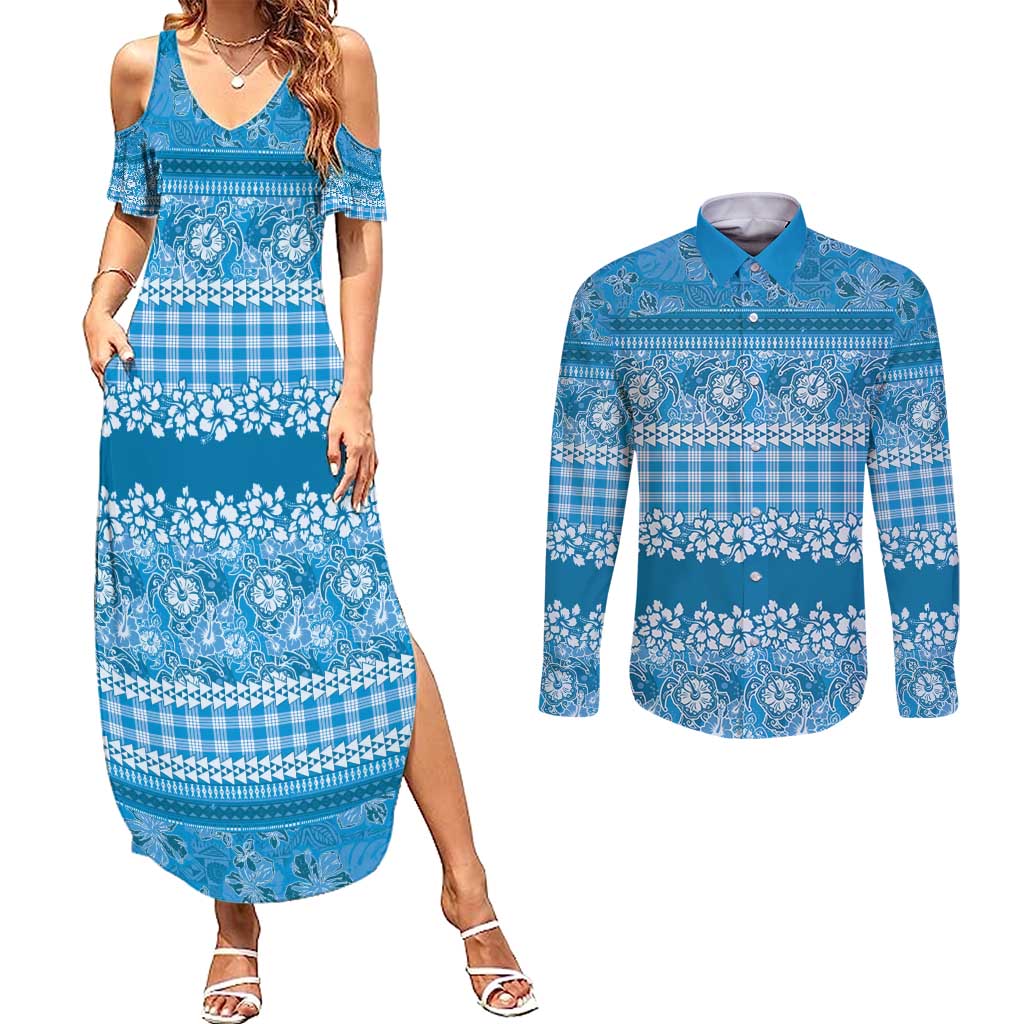 Hawaiian Hibiscus Honu Couples Matching Summer Maxi Dress and Long Sleeve Button Shirt Blue Mele Kalikimaka Palaka Spirit - Polynesian Pride