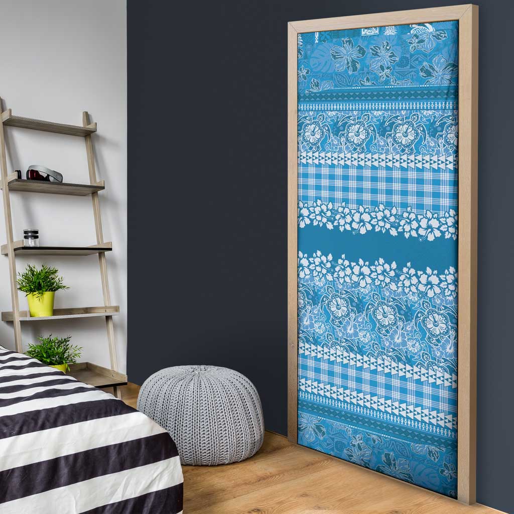 Hawaiian Hibiscus Honu Door Cover Blue Mele Kalikimaka Palaka Spirit - Polynesian Pride