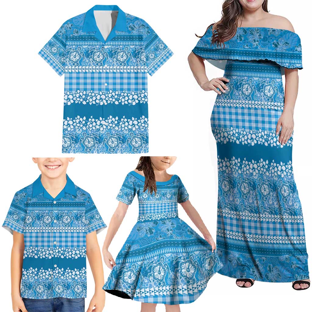 Hawaiian Hibiscus Honu Family Matching Off Shoulder Maxi Dress and Hawaiian Shirt Blue Mele Kalikimaka Palaka Spirit - Polynesian Pride