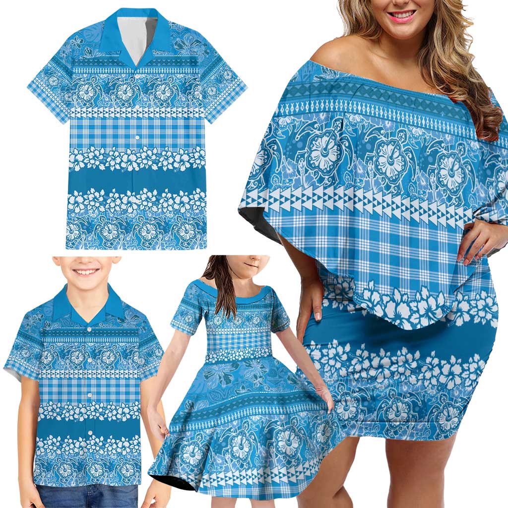 Hawaiian Hibiscus Honu Family Matching Off Shoulder Short Dress and Hawaiian Shirt Blue Mele Kalikimaka Palaka Spirit - Polynesian Pride