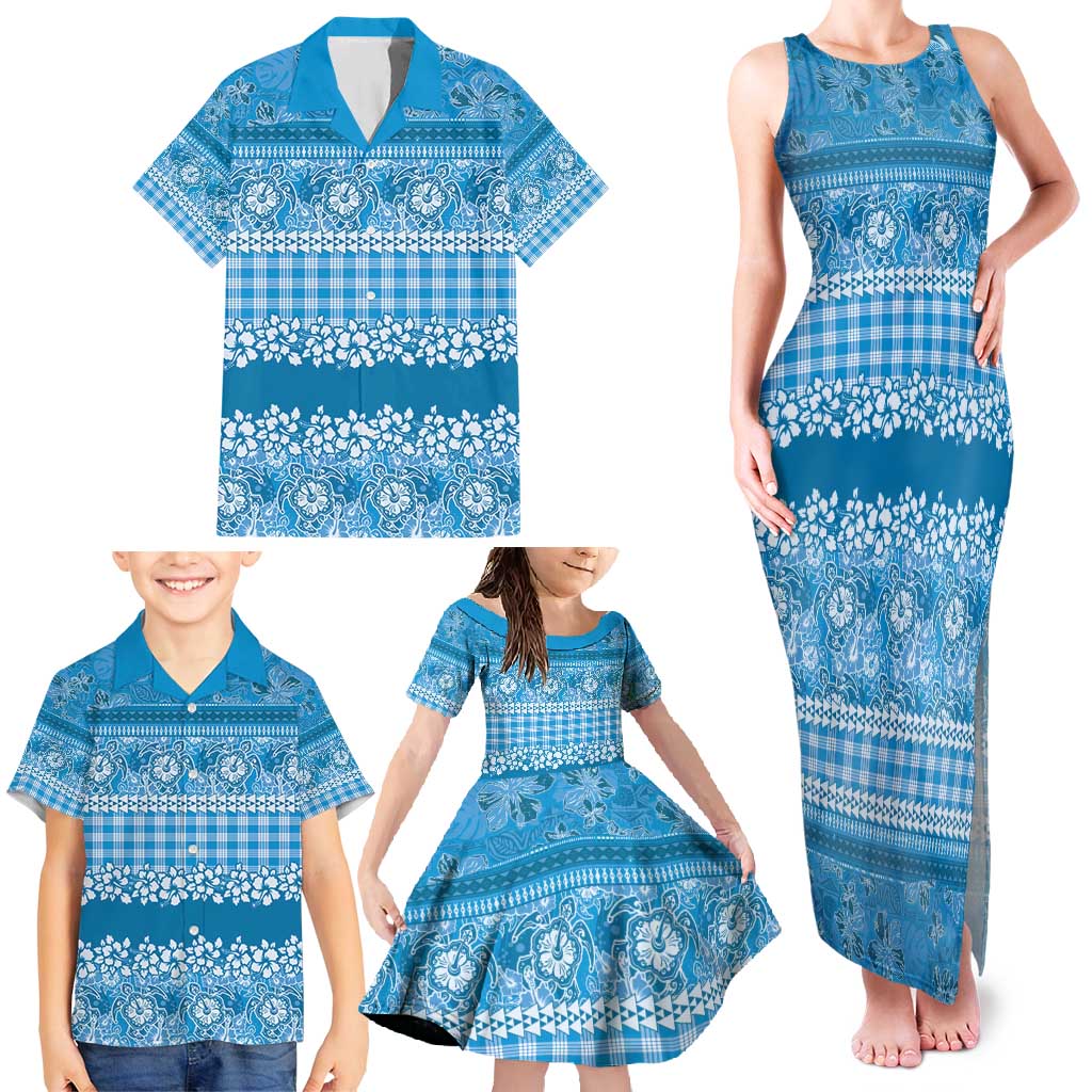 Hawaiian Hibiscus Honu Family Matching Tank Maxi Dress and Hawaiian Shirt Blue Mele Kalikimaka Palaka Spirit - Polynesian Pride
