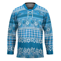 Hawaiian Hibiscus Honu Hockey Jersey Blue Mele Kalikimaka Palaka Spirit - Polynesian Pride