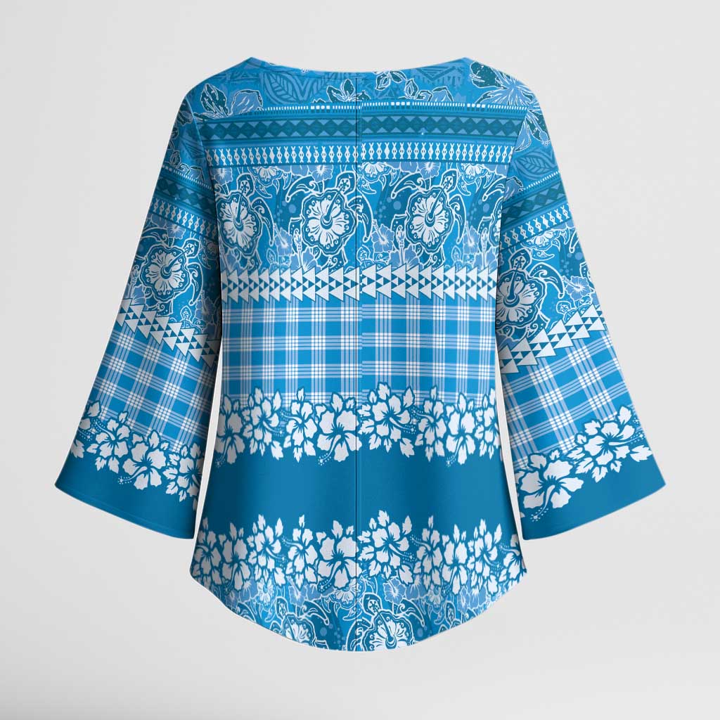 Hawaiian Hibiscus Honu Kimono Sleeve Blouse Blue Mele Kalikimaka Palaka Spirit - Polynesian Pride