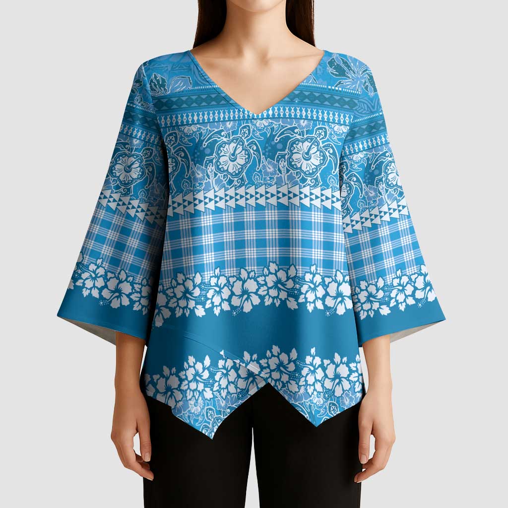 Hawaiian Hibiscus Honu Kimono Sleeve Blouse Blue Mele Kalikimaka Palaka Spirit - Polynesian Pride
