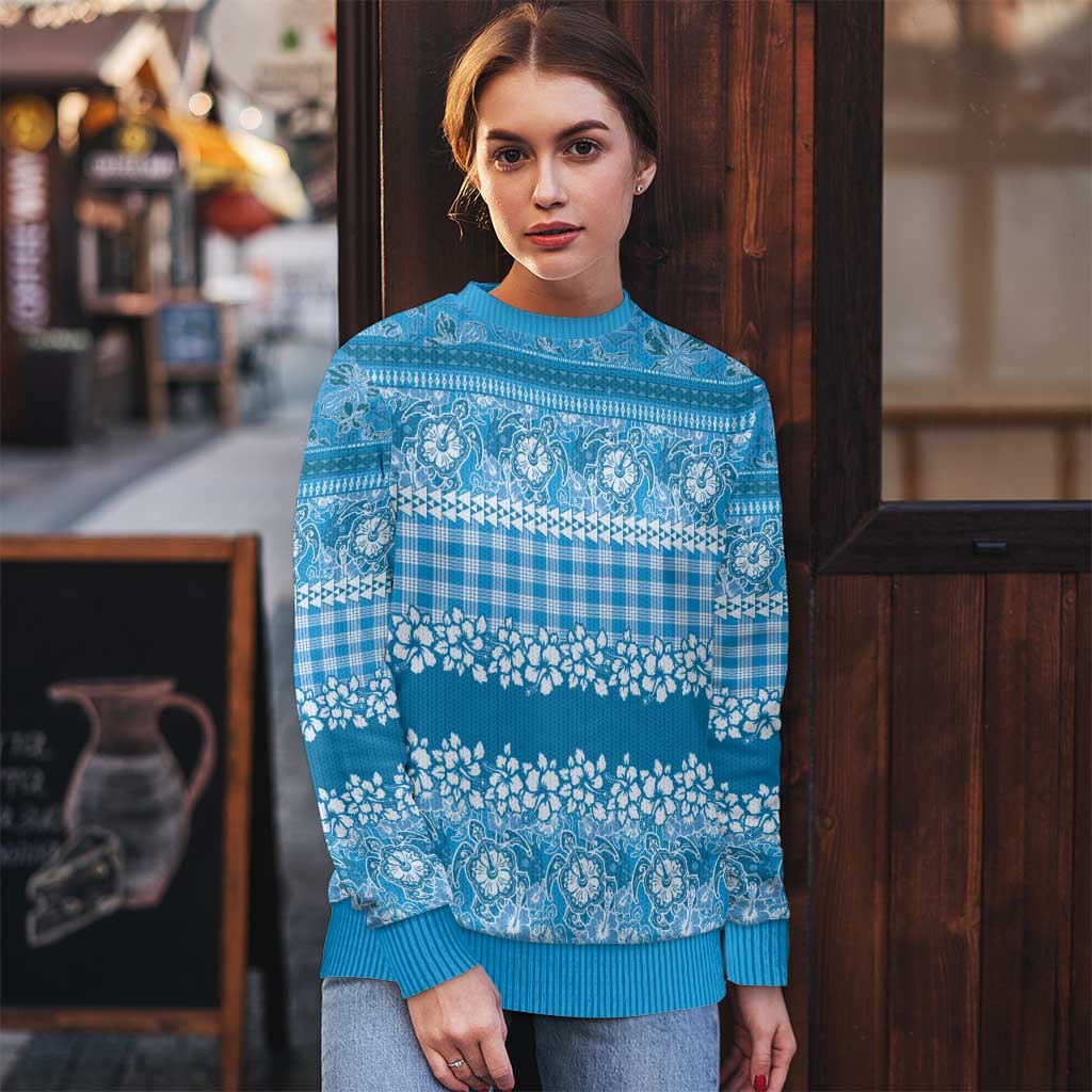 Hawaiian Hibiscus Honu Ugly Christmas Sweater Blue Mele Kalikimaka Palaka Spirit - Polynesian Pride