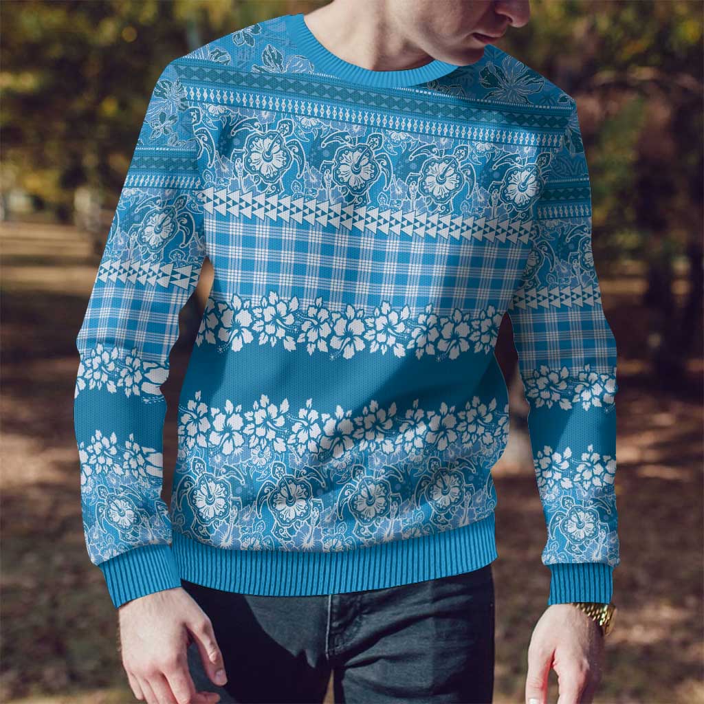 Hawaiian Hibiscus Honu Ugly Christmas Sweater Blue Mele Kalikimaka Palaka Spirit - Polynesian Pride