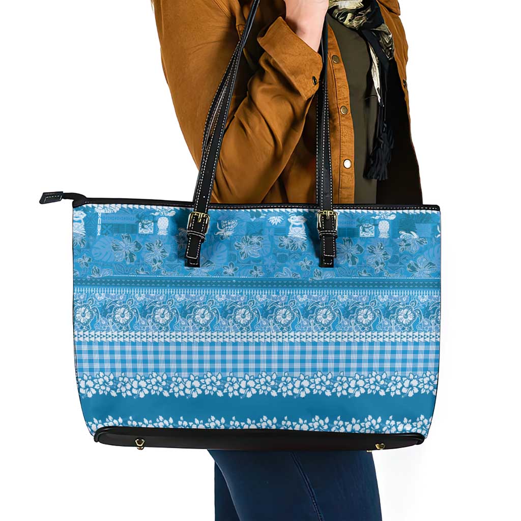 Hawaiian Hibiscus Honu Leather Tote Bag Blue Mele Kalikimaka Palaka Spirit - Polynesian Pride