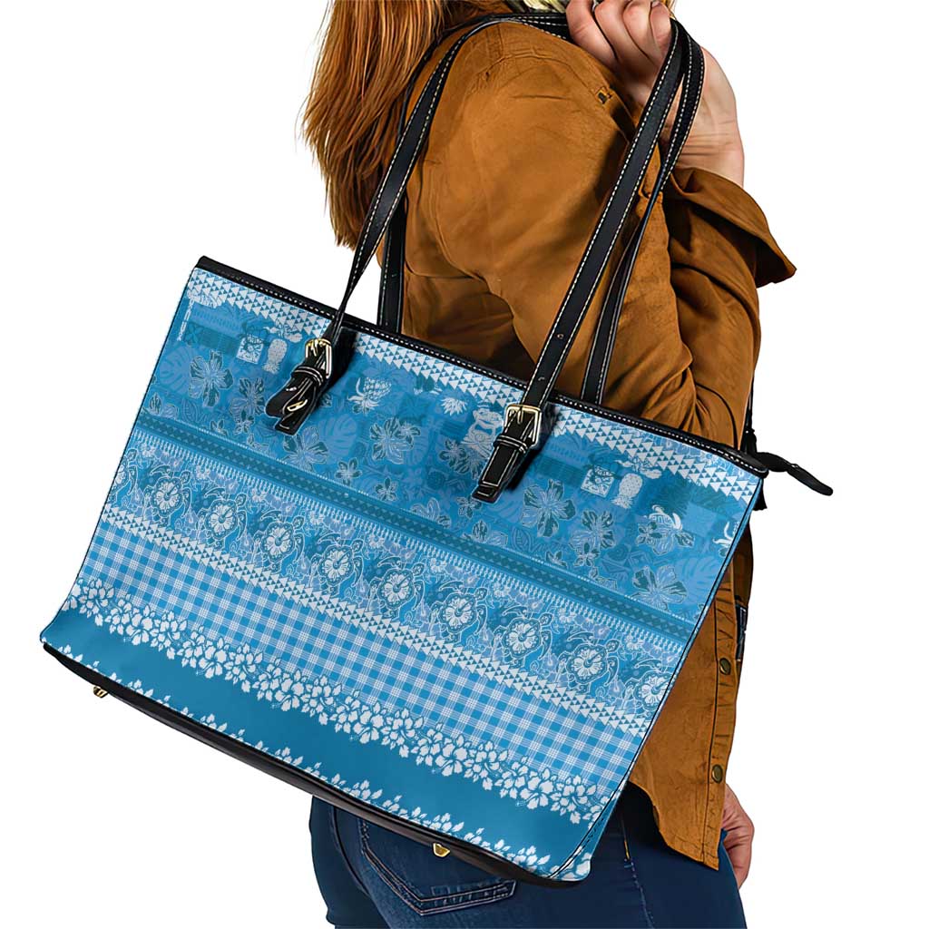 Hawaiian Hibiscus Honu Leather Tote Bag Blue Mele Kalikimaka Palaka Spirit - Polynesian Pride