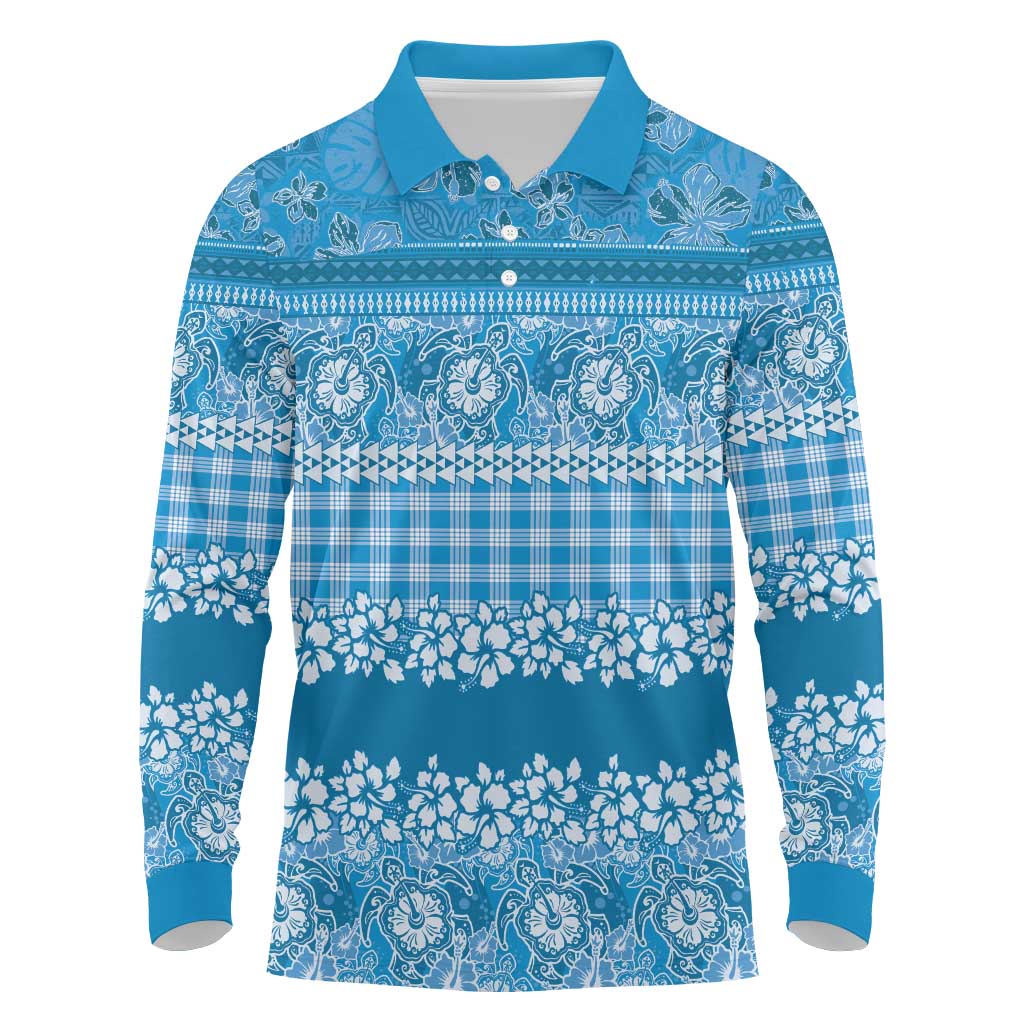 Hawaiian Hibiscus Honu Long Sleeve Polo Shirt Blue Mele Kalikimaka Palaka Spirit - Polynesian Pride