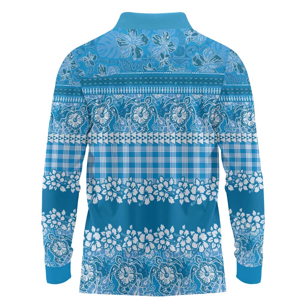 Hawaiian Hibiscus Honu Long Sleeve Polo Shirt Blue Mele Kalikimaka Palaka Spirit - Polynesian Pride