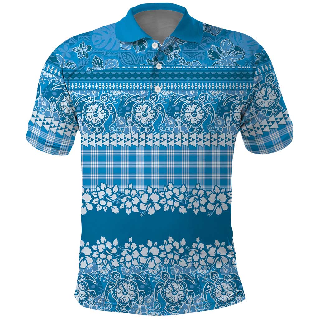 Hawaiian Hibiscus Honu Polo Shirt Blue Mele Kalikimaka Palaka Spirit - Polynesian Pride