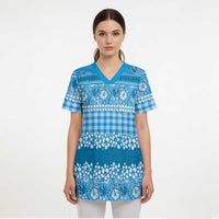 Hawaiian Hibiscus Honu Scrub Top Blue Mele Kalikimaka Palaka Spirit - Polynesian Pride