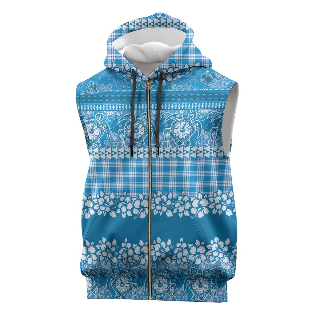 Hawaiian Hibiscus Honu Sleeveless Zip Hoodie Blue Mele Kalikimaka Palaka Spirit - Polynesian Pride