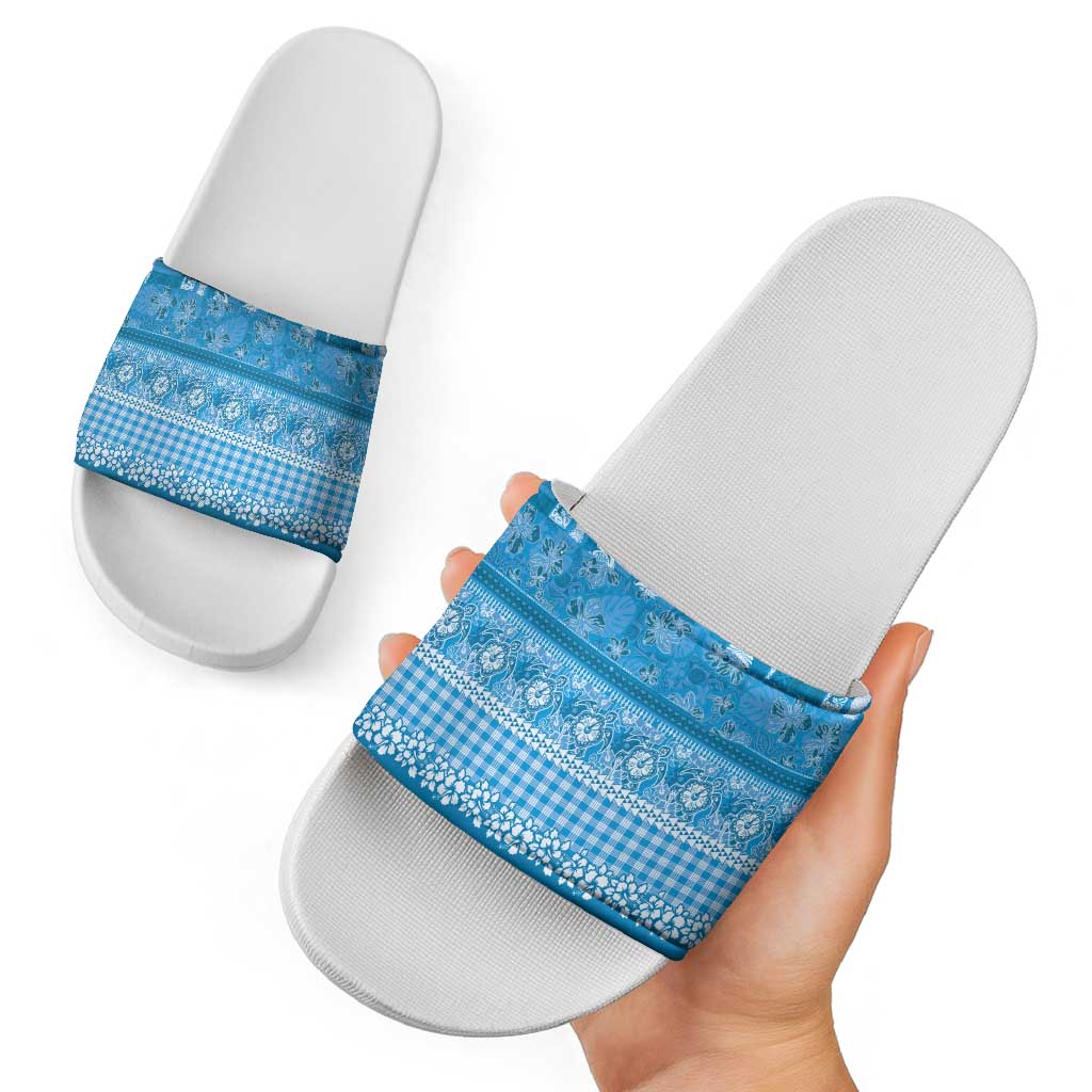 Hawaiian Hibiscus Honu Slide Sandals Blue Mele Kalikimaka Palaka Spirit - Polynesian Pride