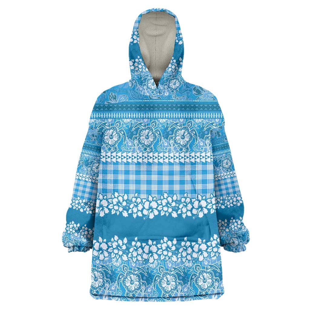 Hawaiian Hibiscus Honu Wearable Blanket Hoodie Blue Mele Kalikimaka Palaka Spirit - Polynesian Pride