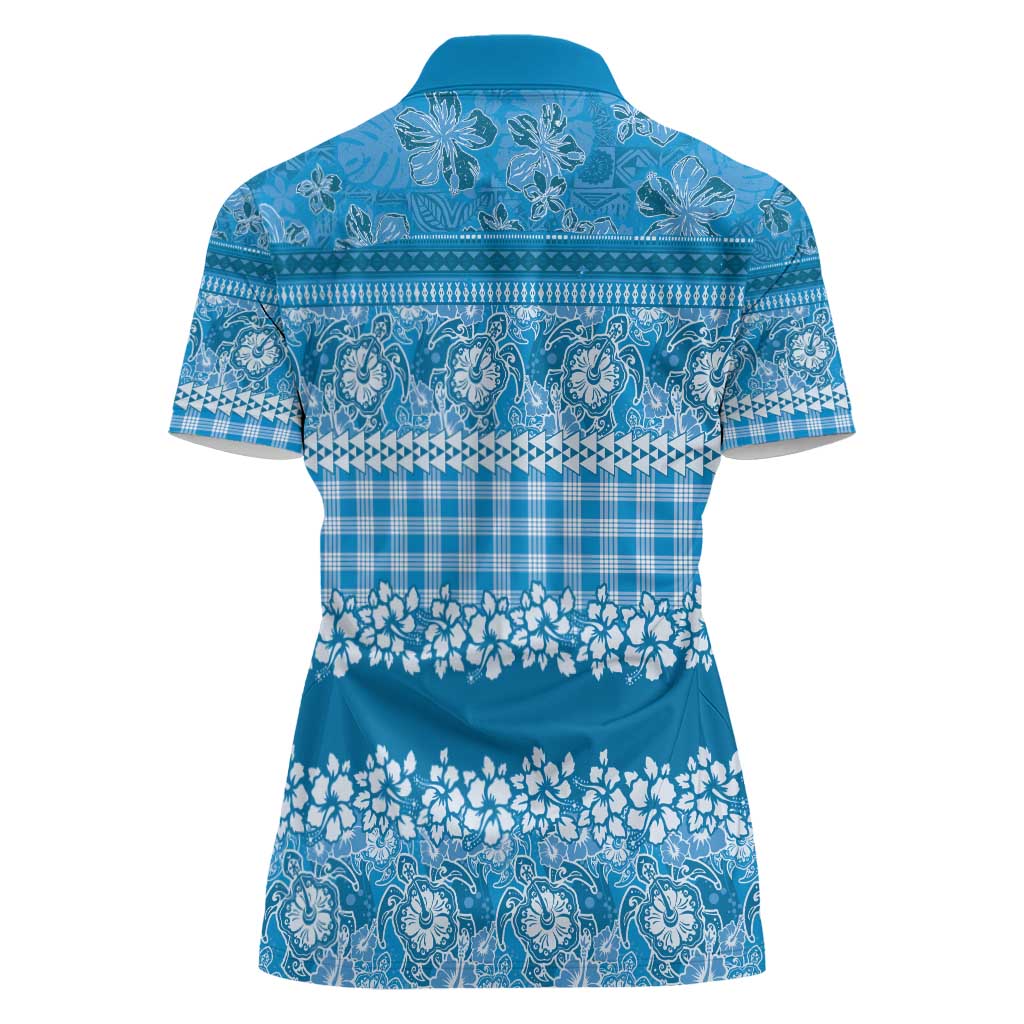 Hawaiian Hibiscus Honu Women Polo Shirt Blue Mele Kalikimaka Palaka Spirit - Polynesian Pride