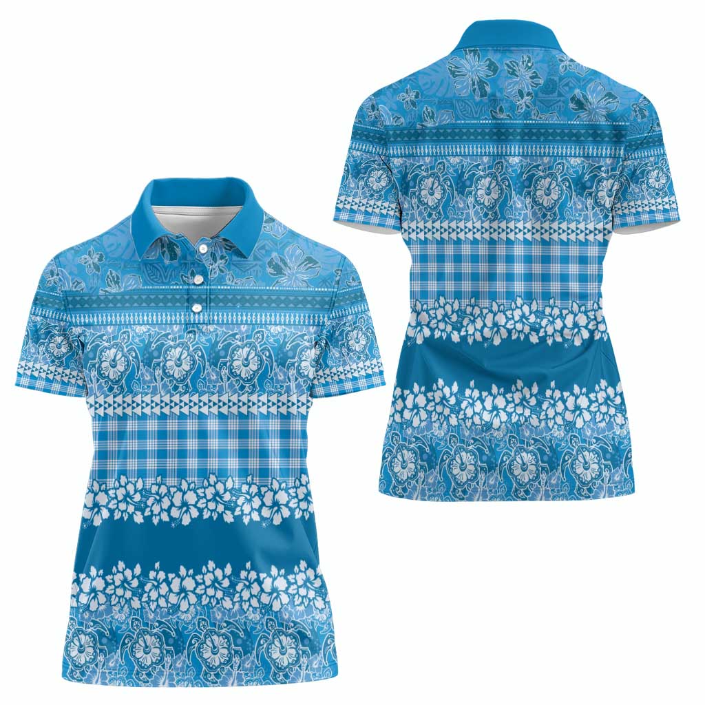 Hawaiian Hibiscus Honu Women Polo Shirt Blue Mele Kalikimaka Palaka Spirit - Polynesian Pride