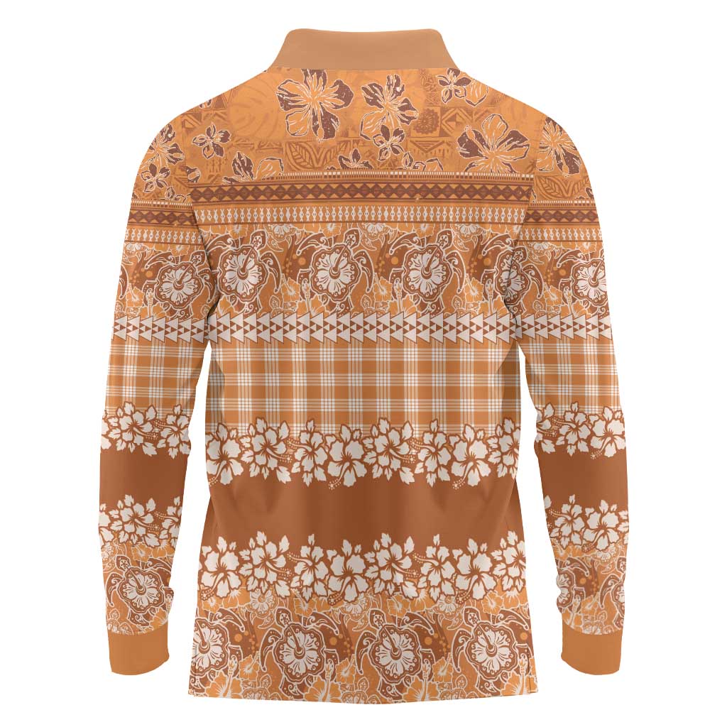 Hawaiian Hibiscus Honu Long Sleeve Polo Shirt Gold Mele Kalikimaka Palaka Spirit - Polynesian Pride