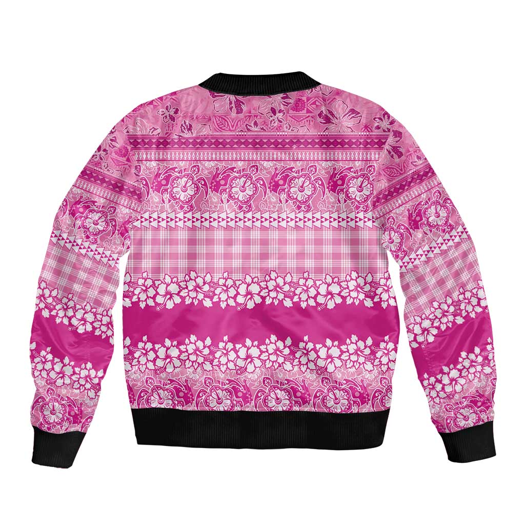 Hawaiian Hibiscus Honu Bomber Jacket Pink Mele Kalikimaka Palaka Spirit - Polynesian Pride