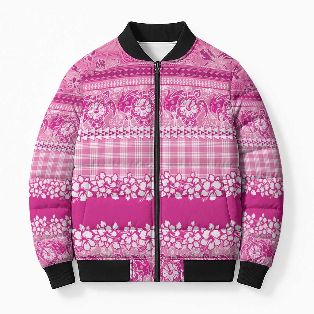 Hawaiian Hibiscus Honu Bomber Puffer Jacket Pink Mele Kalikimaka Palaka Spirit - Polynesian Pride
