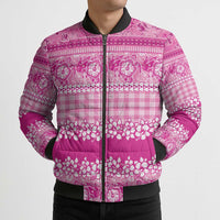 Hawaiian Hibiscus Honu Bomber Puffer Jacket Pink Mele Kalikimaka Palaka Spirit - Polynesian Pride