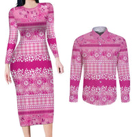 Hawaiian Hibiscus Honu Couples Matching Long Sleeve Bodycon Dress and Long Sleeve Button Shirt Pink Mele Kalikimaka Palaka Spirit - Polynesian Pride