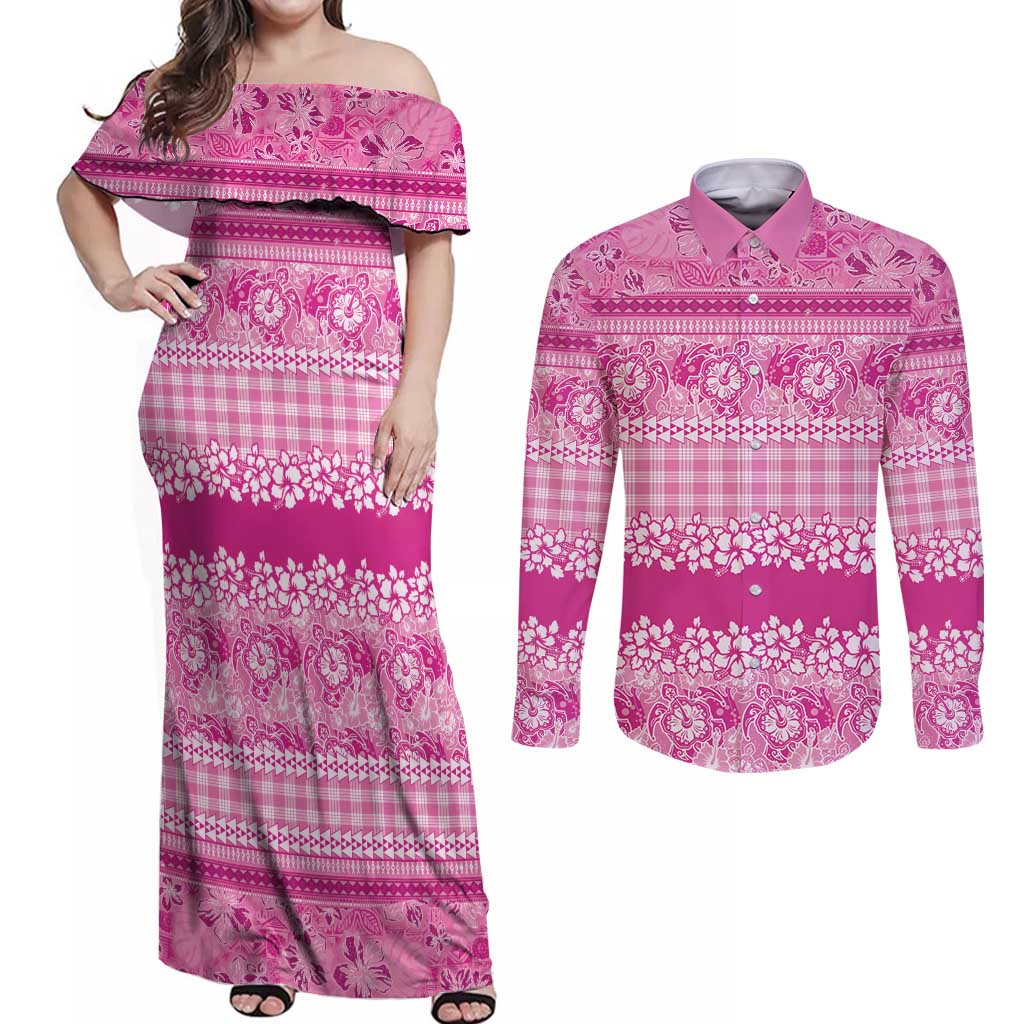 Hawaiian Hibiscus Honu Couples Matching Off Shoulder Maxi Dress and Long Sleeve Button Shirt Pink Mele Kalikimaka Palaka Spirit - Polynesian Pride