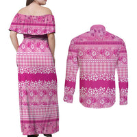 Hawaiian Hibiscus Honu Couples Matching Off Shoulder Maxi Dress and Long Sleeve Button Shirt Pink Mele Kalikimaka Palaka Spirit - Polynesian Pride