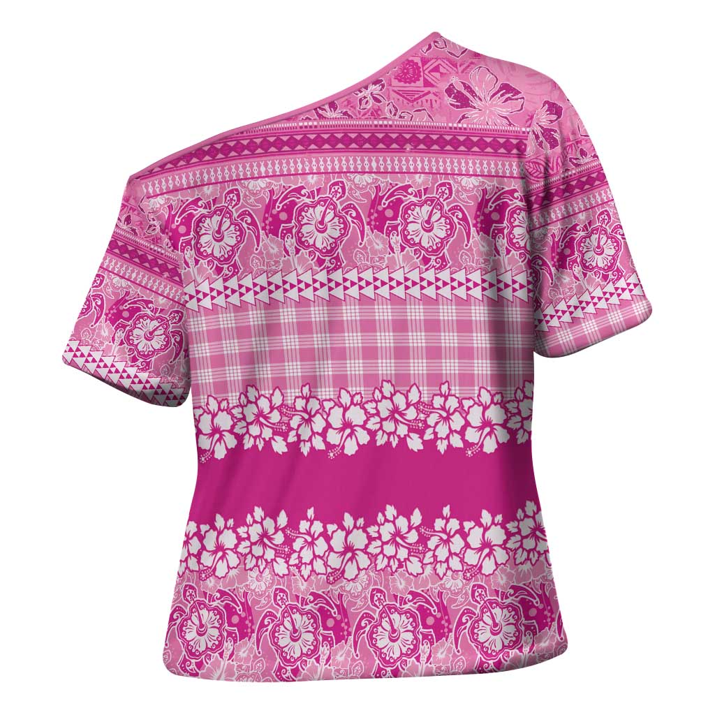 Hawaiian Hibiscus Honu Cross Shoulder Shirt Pink Mele Kalikimaka Palaka Spirit - Polynesian Pride