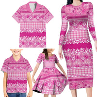 Hawaiian Hibiscus Honu Family Matching Long Sleeve Bodycon Dress and Hawaiian Shirt Pink Mele Kalikimaka Palaka Spirit - Polynesian Pride