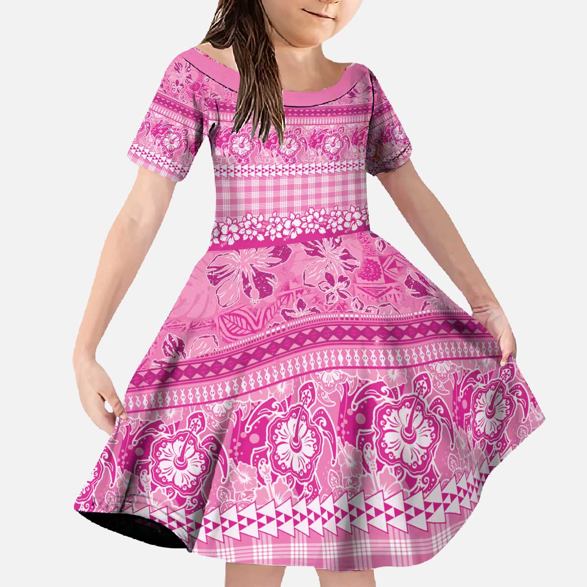 Hawaiian Hibiscus Honu Family Matching Off The Shoulder Long Sleeve Dress and Hawaiian Shirt Pink Mele Kalikimaka Palaka Spirit - Polynesian Pride