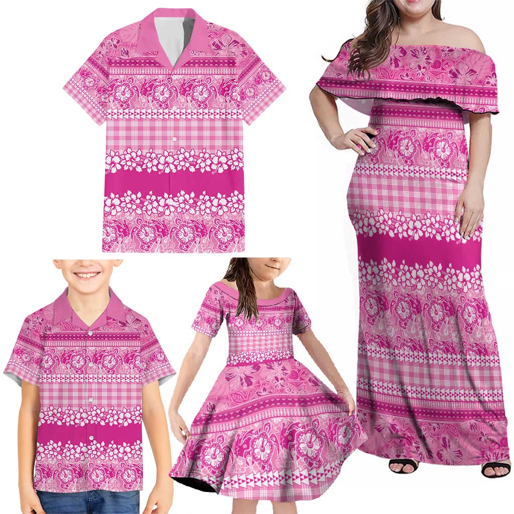 Hawaiian Hibiscus Honu Family Matching Off Shoulder Maxi Dress and Hawaiian Shirt Pink Mele Kalikimaka Palaka Spirit - Polynesian Pride