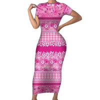 Hawaiian Hibiscus Honu Family Matching Short Sleeve Bodycon Dress and Hawaiian Shirt Pink Mele Kalikimaka Palaka Spirit - Polynesian Pride