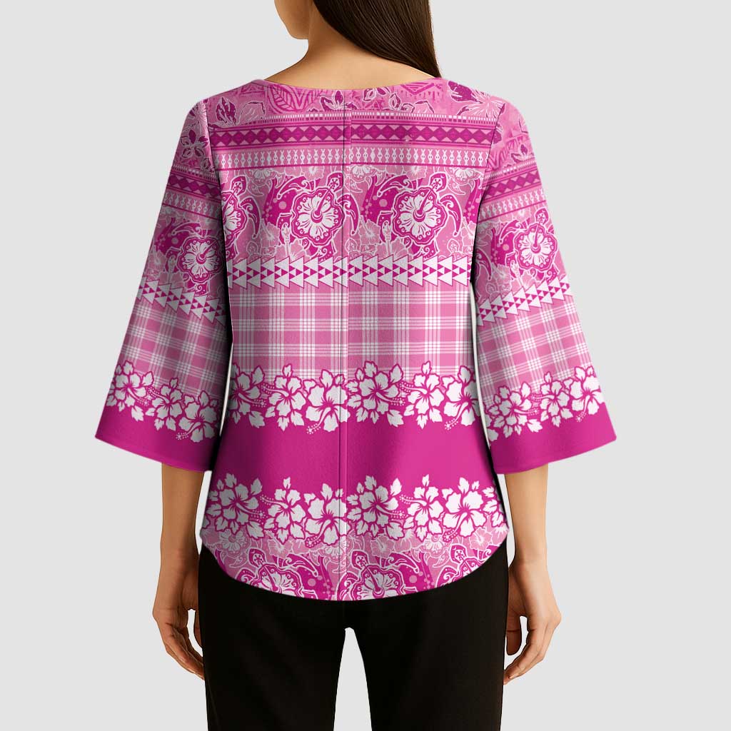 Hawaiian Hibiscus Honu Kimono Sleeve Blouse Pink Mele Kalikimaka Palaka Spirit - Polynesian Pride