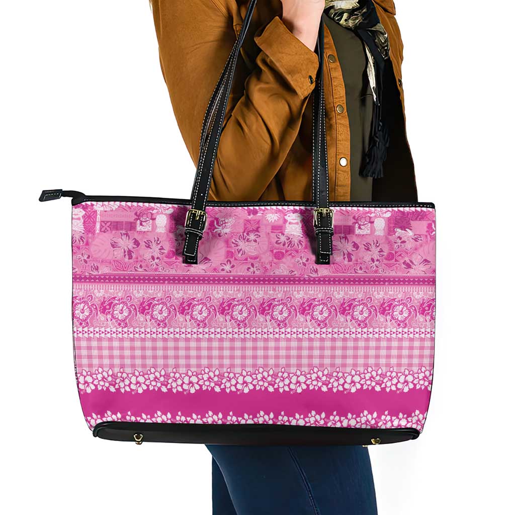 Hawaiian Hibiscus Honu Leather Tote Bag Pink Mele Kalikimaka Palaka Spirit - Polynesian Pride