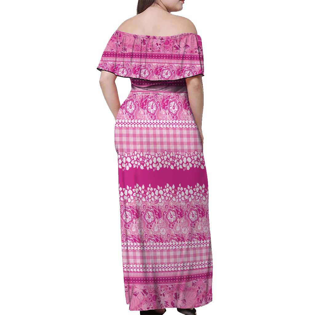 Hawaiian Hibiscus Honu Off Shoulder Maxi Dress Pink Mele Kalikimaka Palaka Spirit - Polynesian Pride