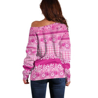 Hawaiian Hibiscus Honu Off Shoulder Sweater Pink Mele Kalikimaka Palaka Spirit - Polynesian Pride