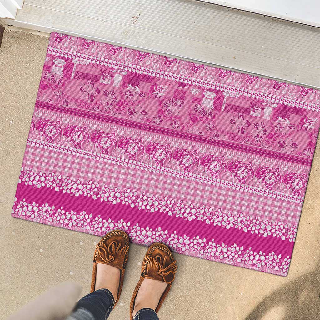 Hawaiian Hibiscus Honu Rubber Doormat Pink Mele Kalikimaka Palaka Spirit - Polynesian Pride