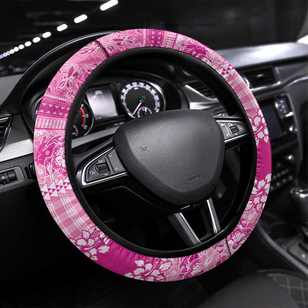 Hawaiian Hibiscus Honu Steering Wheel Cover Pink Mele Kalikimaka Palaka Spirit - Polynesian Pride
