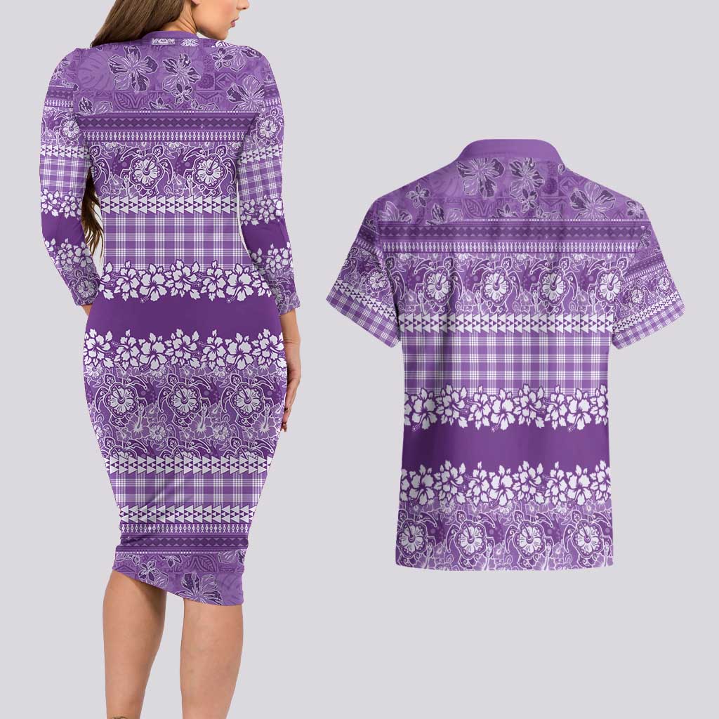 Hawaiian Hibiscus Honu Couples Matching Long Sleeve Bodycon Dress and Hawaiian Shirt Purple Mele Kalikimaka Palaka Spirit - Polynesian Pride