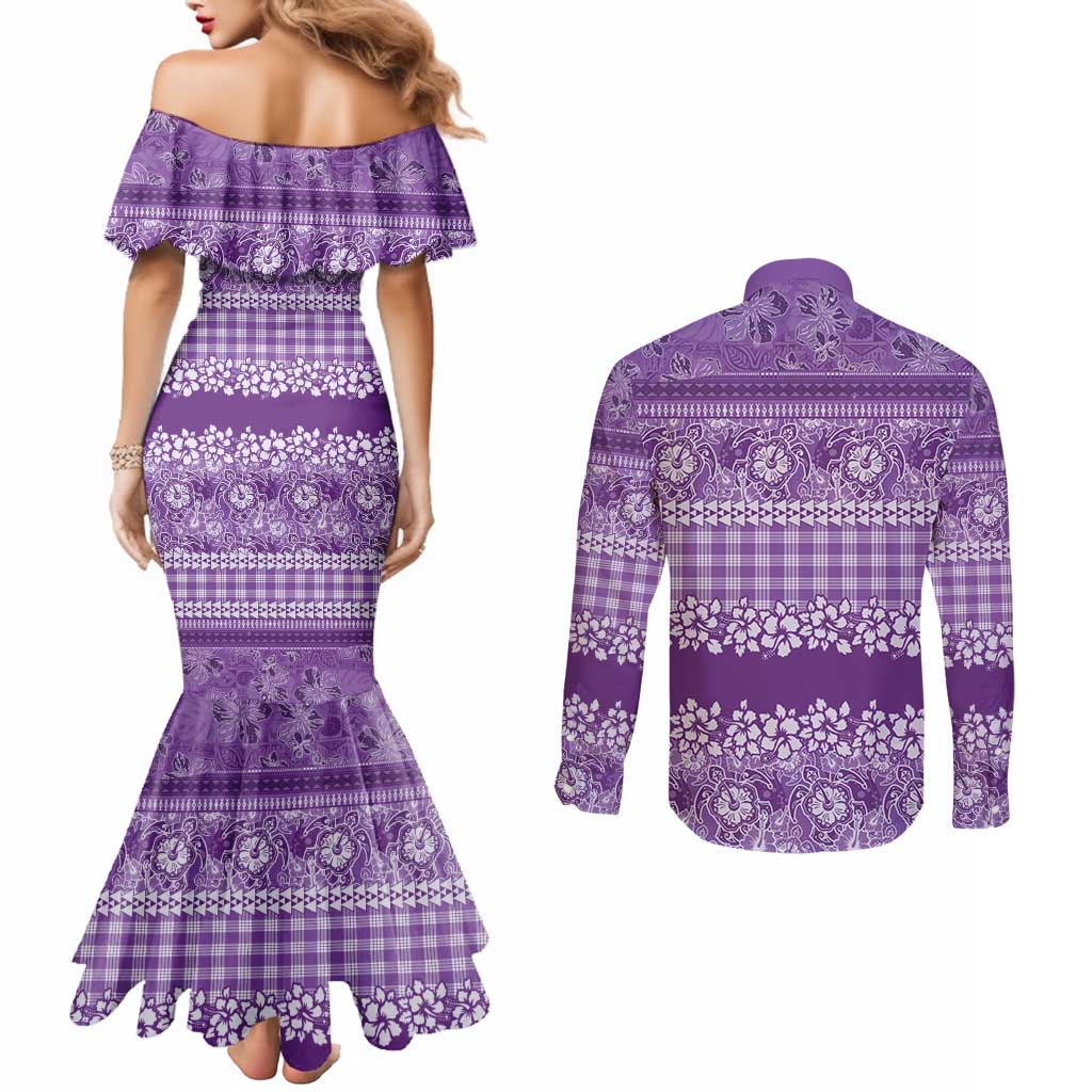 Hawaiian Hibiscus Honu Couples Matching Mermaid Dress and Long Sleeve Button Shirt Purple Mele Kalikimaka Palaka Spirit - Polynesian Pride