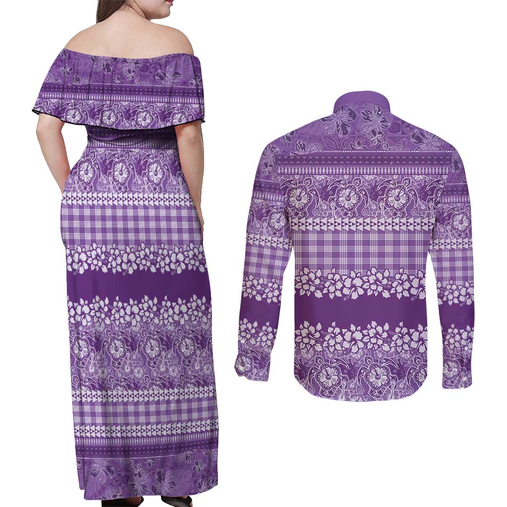 Hawaiian Hibiscus Honu Couples Matching Off Shoulder Maxi Dress and Long Sleeve Button Shirt Purple Mele Kalikimaka Palaka Spirit - Polynesian Pride