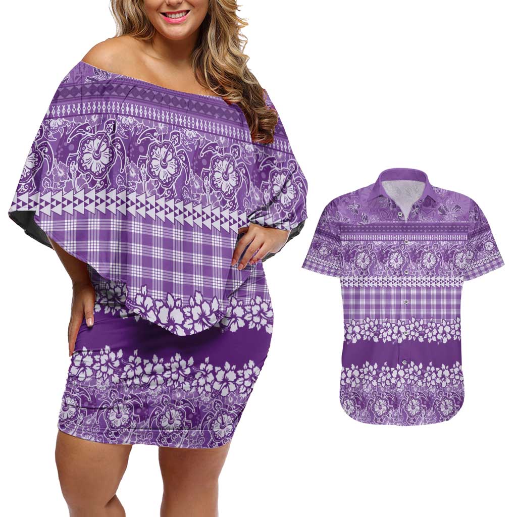 Hawaiian Hibiscus Honu Couples Matching Off Shoulder Short Dress and Hawaiian Shirt Purple Mele Kalikimaka Palaka Spirit - Polynesian Pride