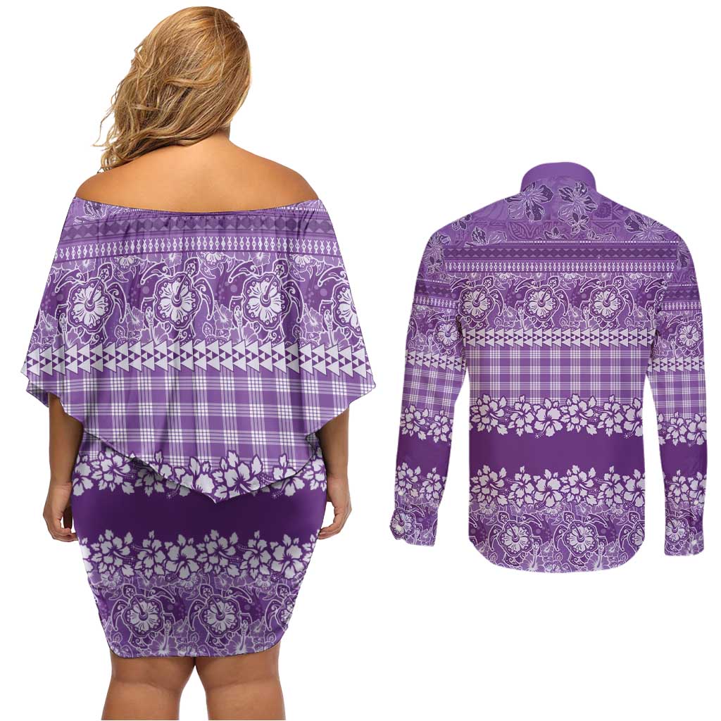 Hawaiian Hibiscus Honu Couples Matching Off Shoulder Short Dress and Long Sleeve Button Shirt Purple Mele Kalikimaka Palaka Spirit - Polynesian Pride