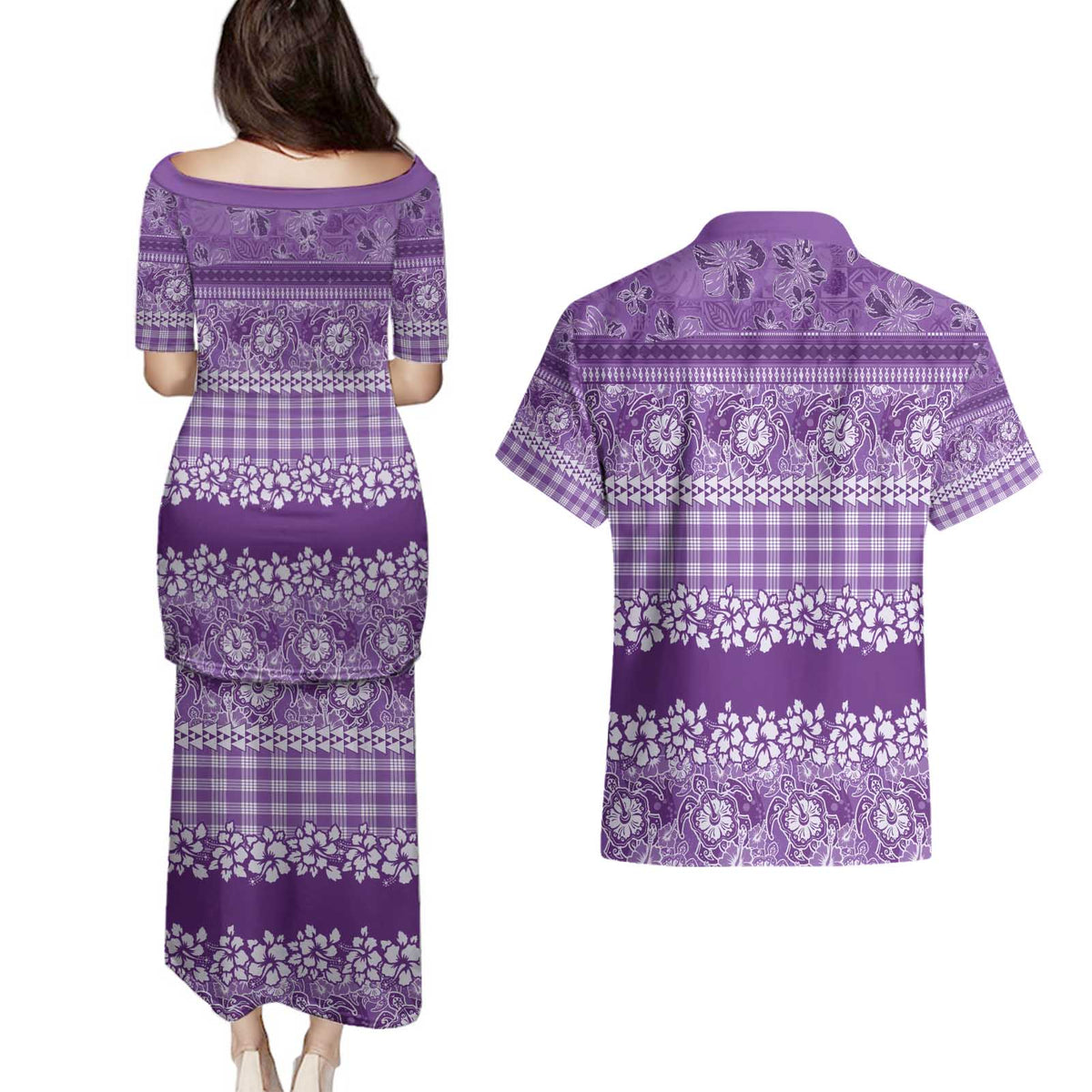 Hawaiian Hibiscus Honu Couples Matching Puletasi and Hawaiian Shirt Purple Mele Kalikimaka Palaka Spirit - Polynesian Pride