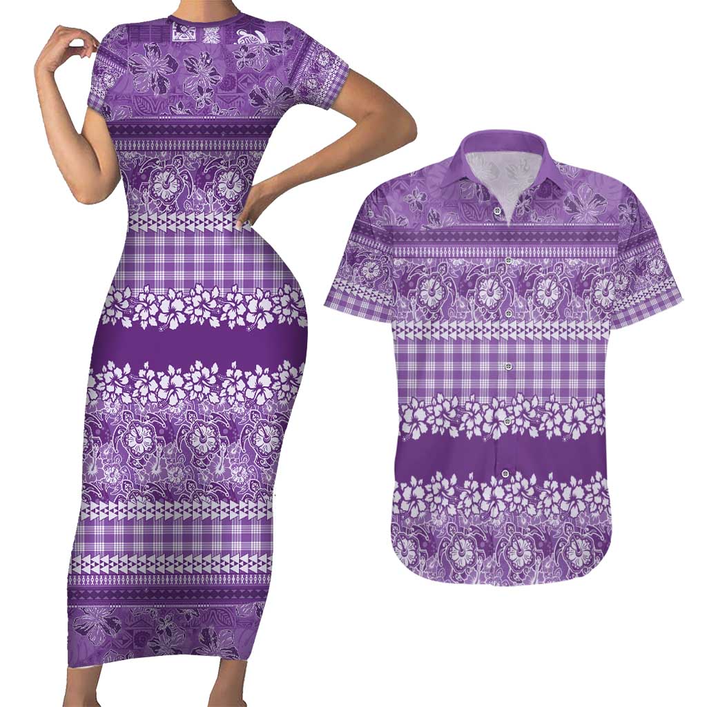 Hawaiian Hibiscus Honu Couples Matching Short Sleeve Bodycon Dress and Hawaiian Shirt Purple Mele Kalikimaka Palaka Spirit - Polynesian Pride