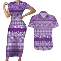Hawaiian Hibiscus Honu Couples Matching Short Sleeve Bodycon Dress and Hawaiian Shirt Purple Mele Kalikimaka Palaka Spirit - Polynesian Pride
