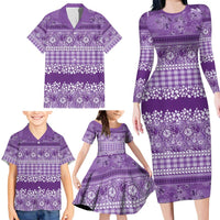 Hawaiian Hibiscus Honu Family Matching Long Sleeve Bodycon Dress and Hawaiian Shirt Purple Mele Kalikimaka Palaka Spirit - Polynesian Pride