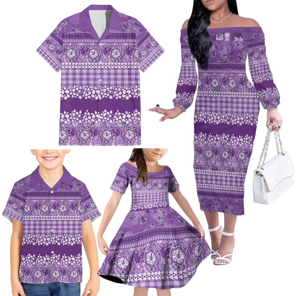 Hawaiian Hibiscus Honu Family Matching Off The Shoulder Long Sleeve Dress and Hawaiian Shirt Purple Mele Kalikimaka Palaka Spirit - Polynesian Pride